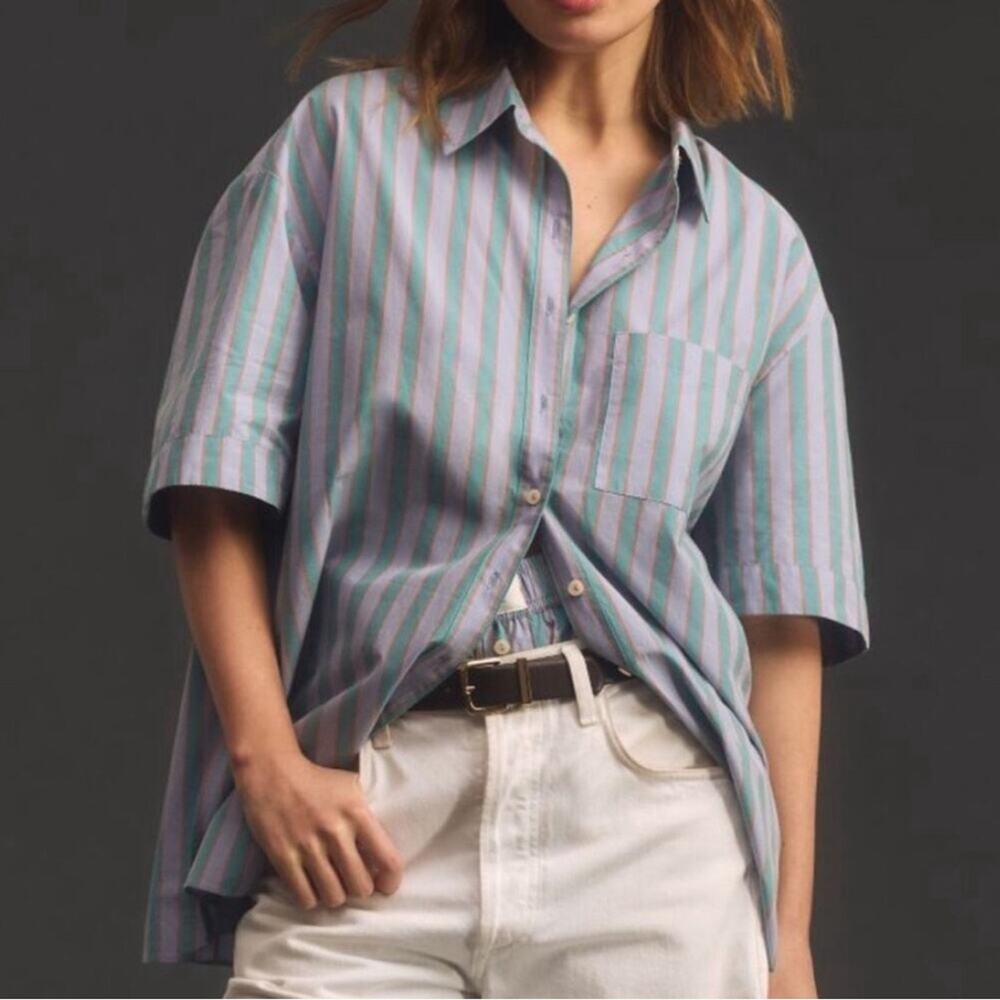 NWT By Anthropologie Short-Sleeve Pajama Style Top Cotton Plaid Button Down Sz S